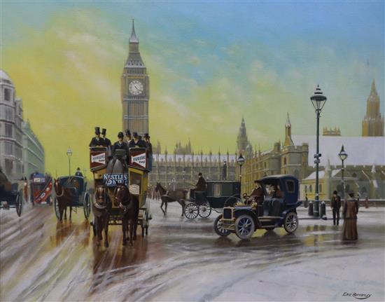 Eric Bottomley, oil on canvas, View of the Houses of Parliament in 1910, signed, 60 x 75cm